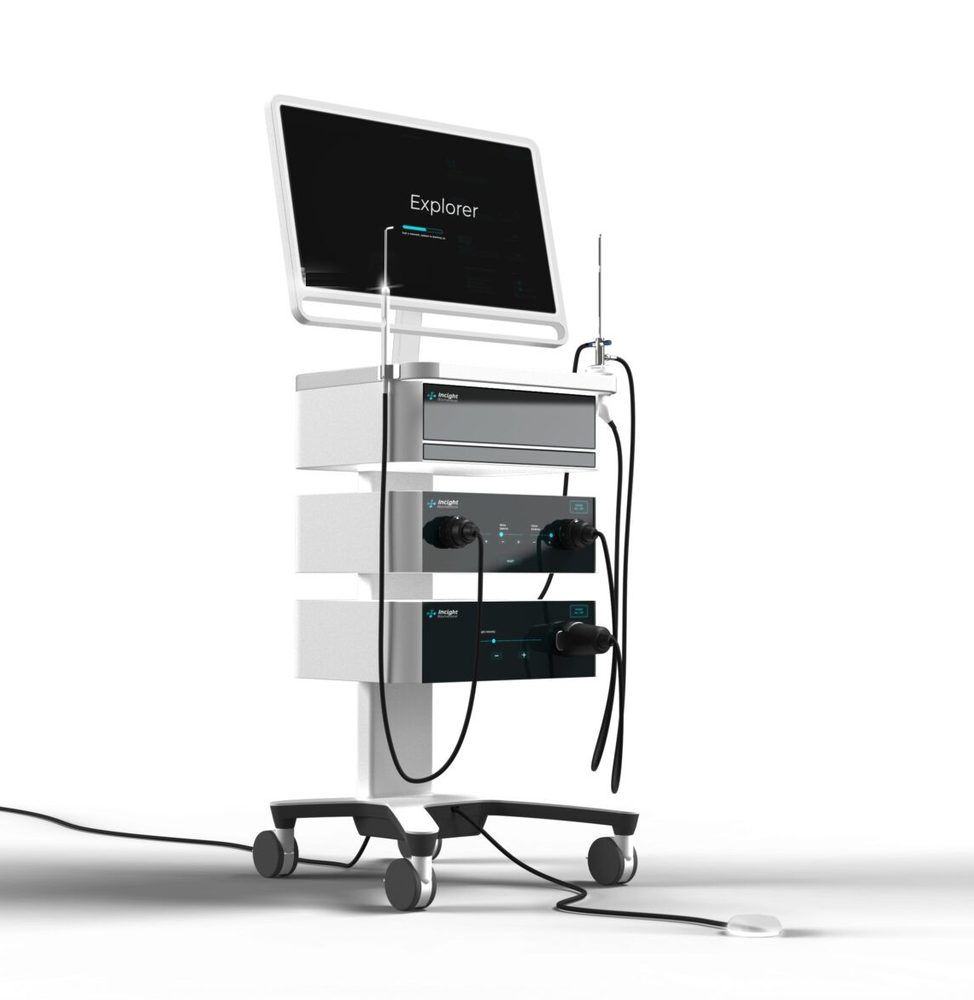 JED Explorer system: a cart with a monitor, two control modules, a hook-shaped probe and a foot pedal
